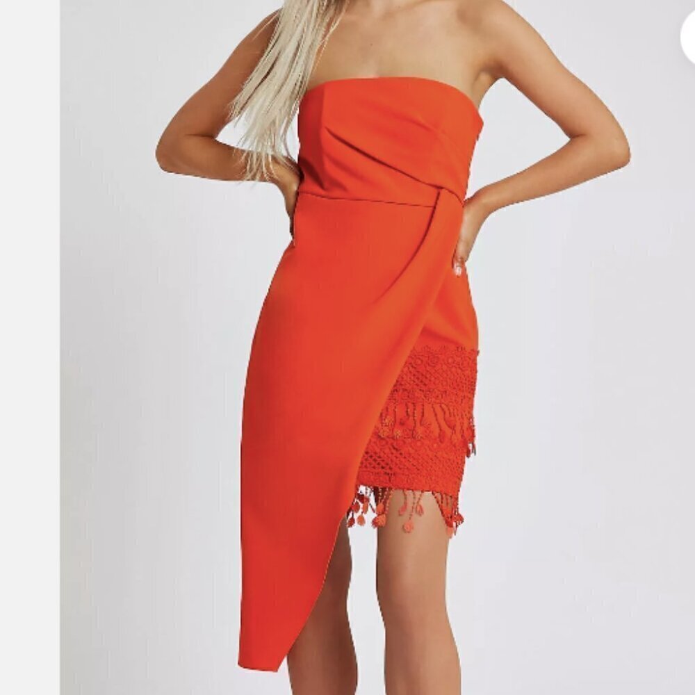 River Island ASOS Orange(red) Bandeau Tassel Detail Bodycon Dress Size 10 EUC